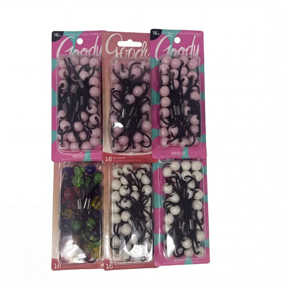 6 Pack - 16 Each Goody Girls Twinbead Bubble Ponytailers -White Pink Colorful